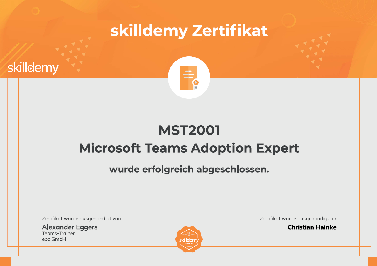 Skilldemy Zertifikat Microsoft Teams Adoption Expert